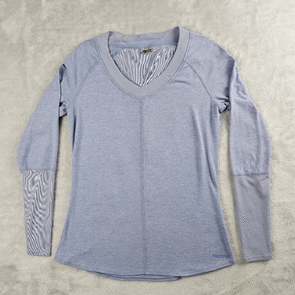 Marmot Jayla Long Sleeve V-Neck T-Shirt Dusk Heather Blue Women's Size Medium